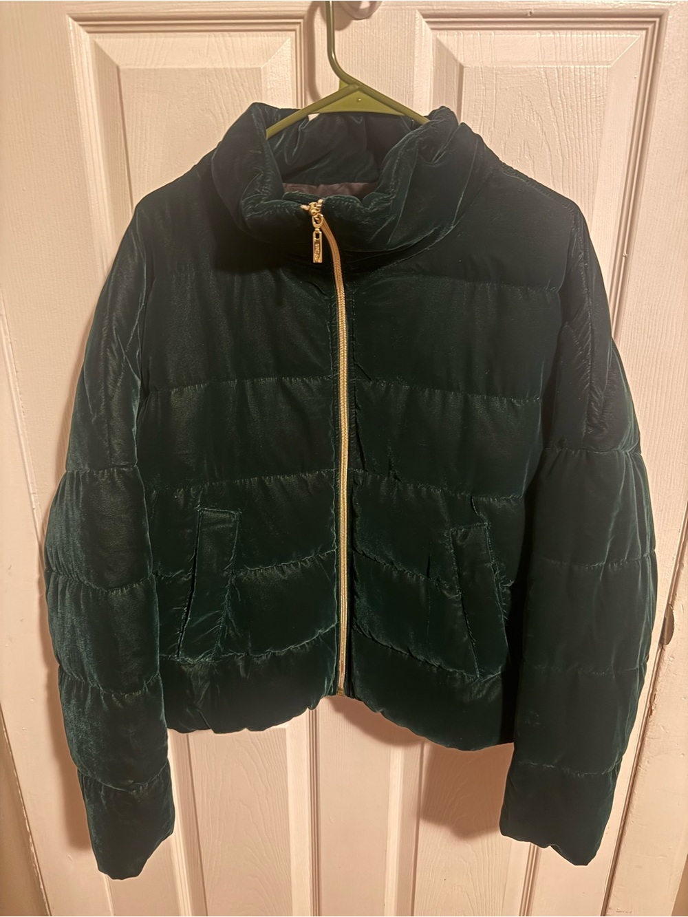 Guess Emerald Velvet Puffer Jacket with Gold Zipper